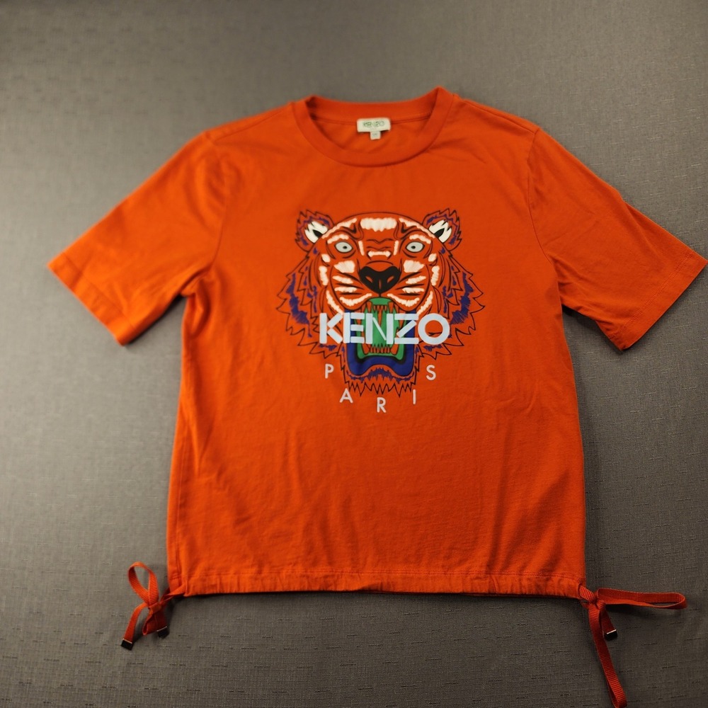 Kenzo Paris Tiger Graphic T-Shirt Red Orange Hem Ties XS Luxery Streetwear